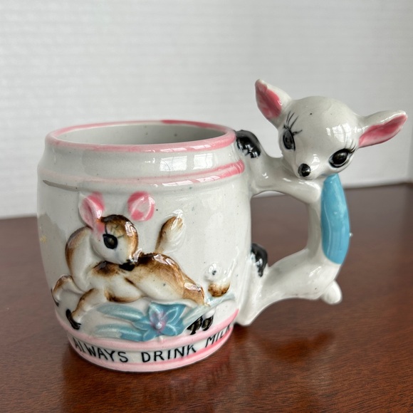 Vintage Always Drink Milk Children's Decorative Deer Mug Pink Stripes - Picture 2 of 10